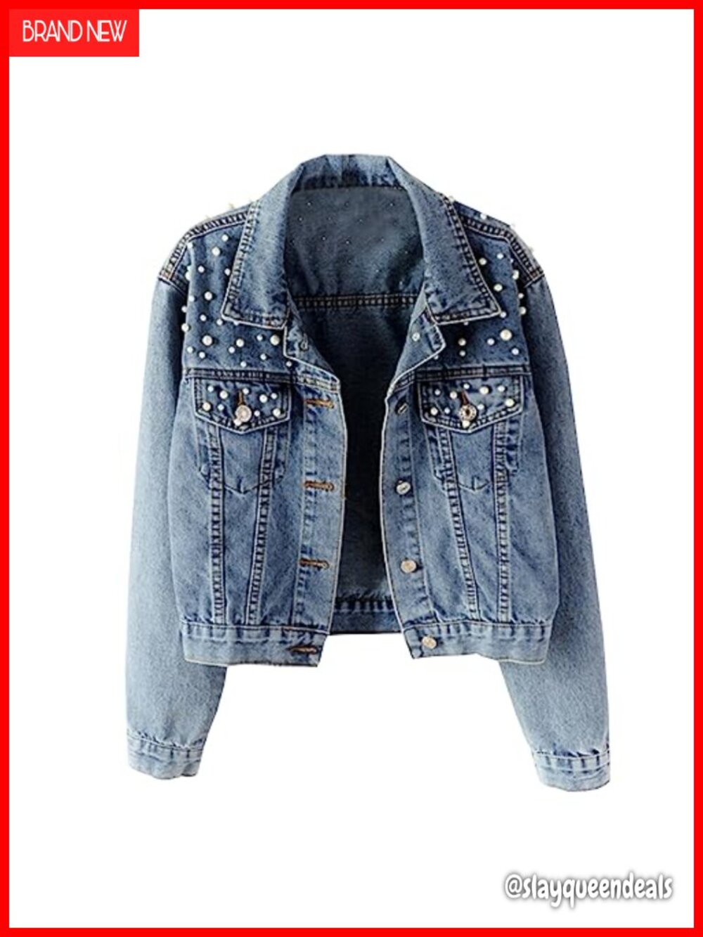 Hixiaohe Women's Loose Embroidered Pearl Beading Cropped Denim Jacket